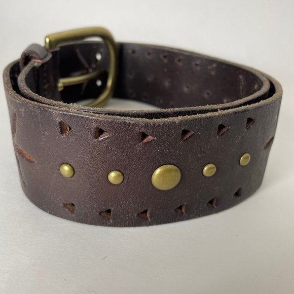 Aldo Boho Wide Brown Leather Belt Stud Cut Out Brass Buckle Size M Boho Western - Picture 4 of 6